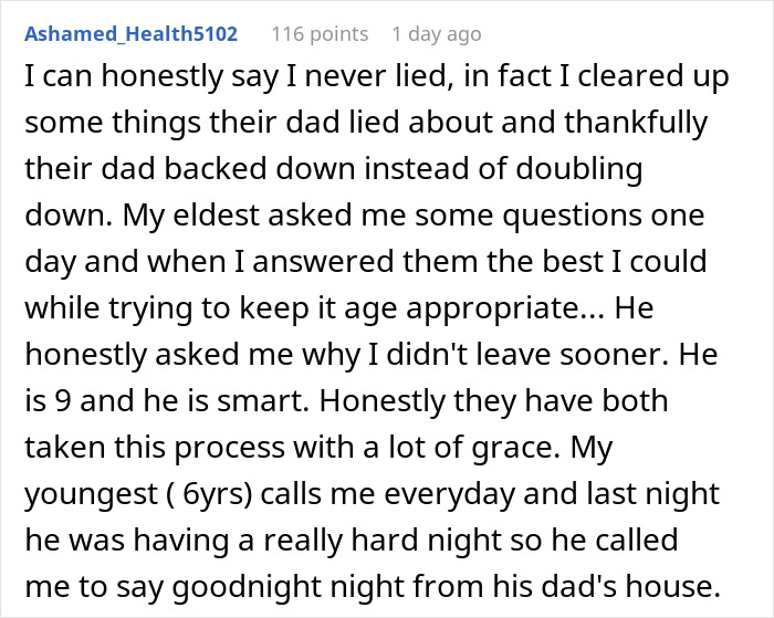 Reddit comment revealing a mom clarifying lies told by dad about divorce to their children years later.