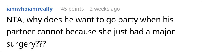 Comment saying man asks wife&rsquo;s permission to travel alone right after her scheduled C-section, questioning his audacity.