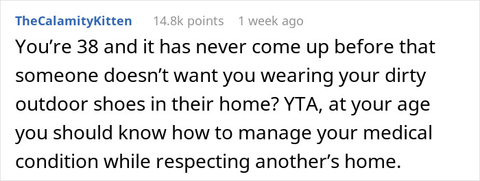 Comment discussing conflict over a man not removing shoes in a friend&rsquo;s house due to a medical condition.