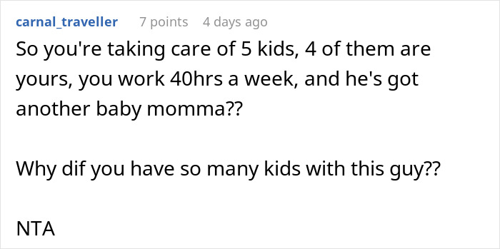 Comment discussing a man demanding divorce from his wife while working 40 hours and raising five kids. Comment discussing a man demanding divorce from his wife while working 40 hours and raising five kids.