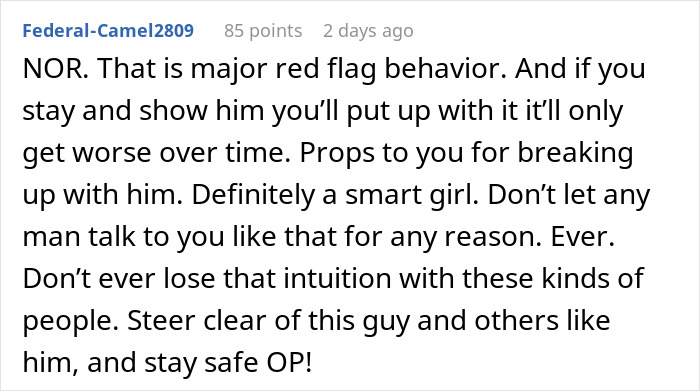 Screenshot of a Reddit comment discussing red flag behavior and supporting a breakup after jealousy issues in a relationship.