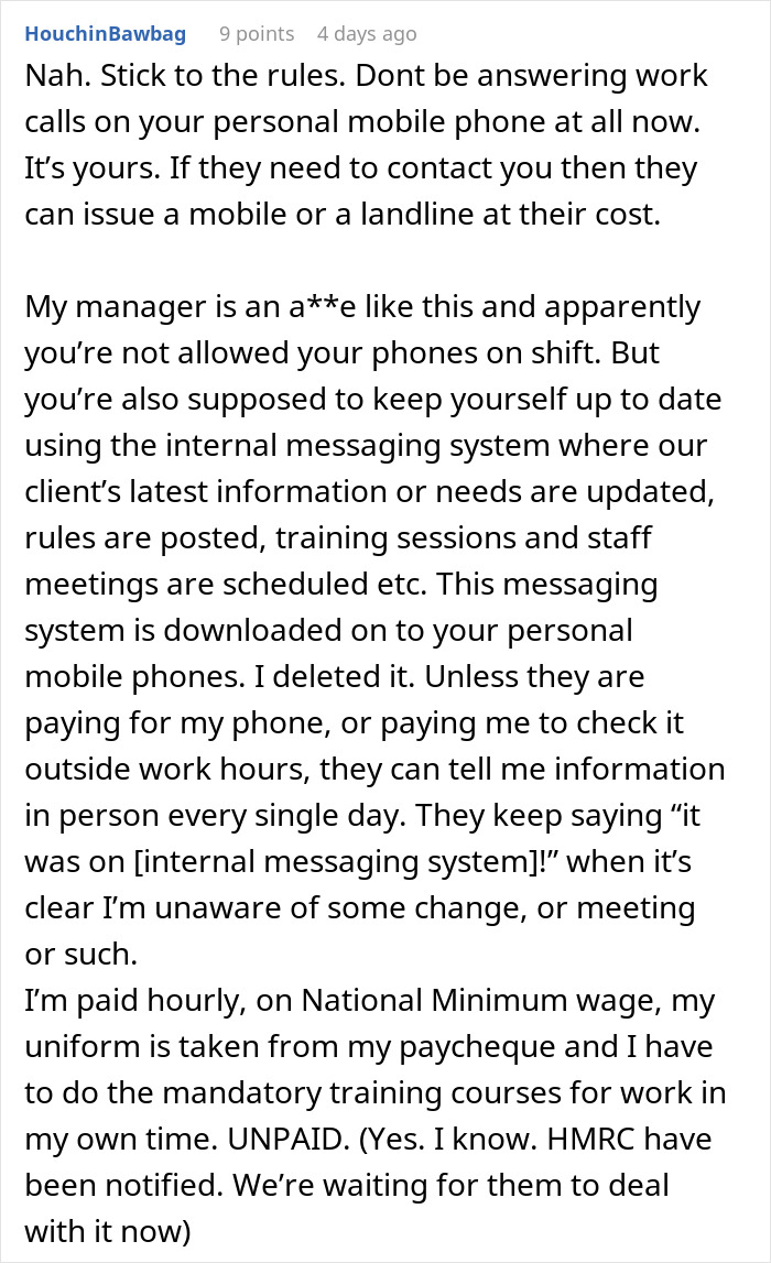 Text of a Reddit comment describing a manager banning phones during work hours leading to malicious compliance by deleting required work apps. Text of a Reddit comment describing a manager banning phones during work hours leading to malicious compliance by deleting required work apps.