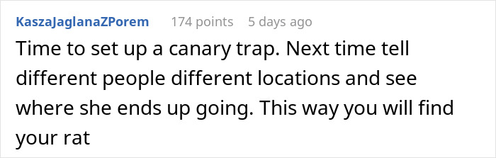 Comment suggesting a canary trap to outsmart a stalker MIL trying to gatecrash the couple&rsquo;s vacation again.