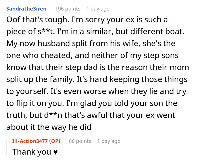 Reddit discussion about a dad lying about divorce reasons to win over his son, with ex-wife revealing the truth later.