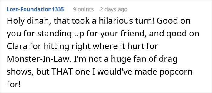Reddit comment praising drag queens for standing up to a mother-in-law trying to ruin a wedding.