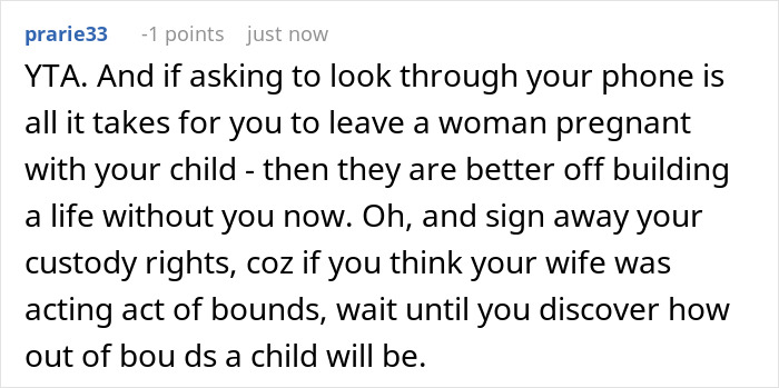 Comment discussing a man giving his pregnant girlfriend an ultimatum due to her insecurities affecting their relationship.