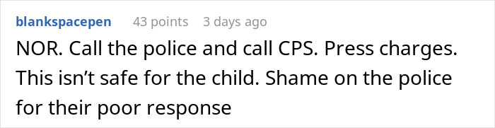 Comment text on a white background from user blankspacepen expressing concern about a child&rsquo;s safety and criticizing police response.