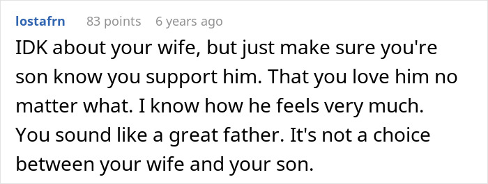 Comment expressing support for a dad standing by his gay son despite wife's rejection and conflict.
