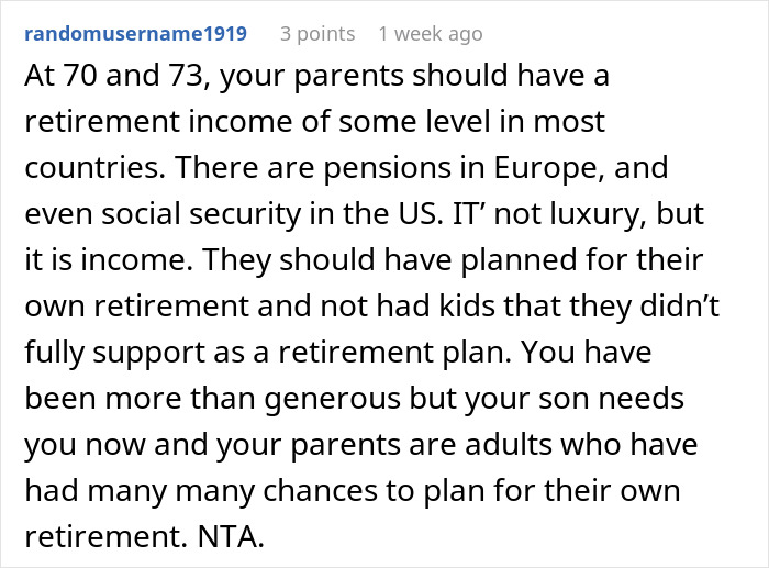 Comment about elderly parents expecting support after squandering savings on poor business plans and retirement issues. Comment about elderly parents expecting support after squandering savings on poor business plans and retirement issues.