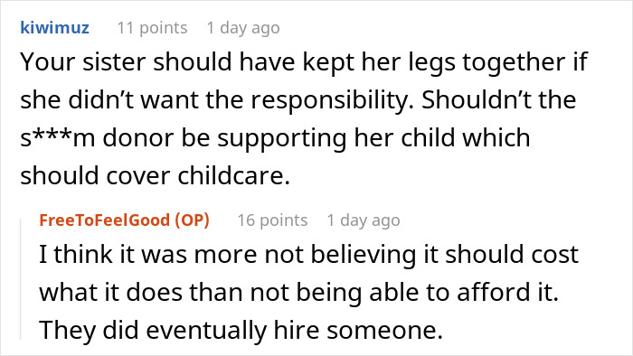 Screenshot of a Reddit conversation about babysitters and the debate over their living wage and childcare costs.