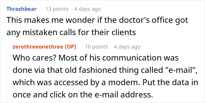 Screenshot of a Reddit conversation about a man receiving calls meant for a doctor and booking appointments instead.