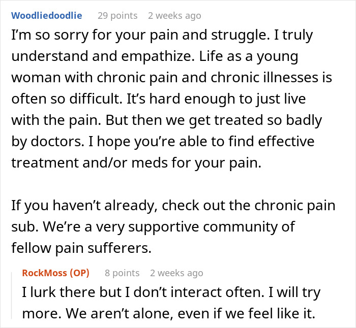 Text conversation about a woman&rsquo;s chronic pain being dismissed by doctors until her husband supports her claims.