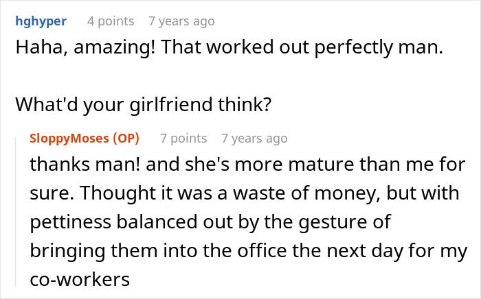 Text conversation showing a discussion about a girlfriend's mature reaction after a parking spot revenge prank.