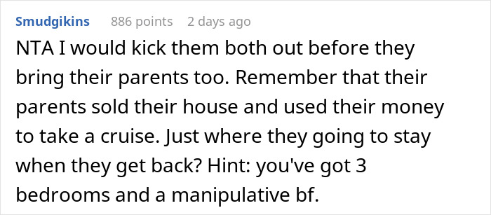 Reddit comment discussing a woman dealing with a temporary houseguest causing parties and missed payments. Reddit comment discussing a woman dealing with a temporary houseguest causing parties and missed payments.