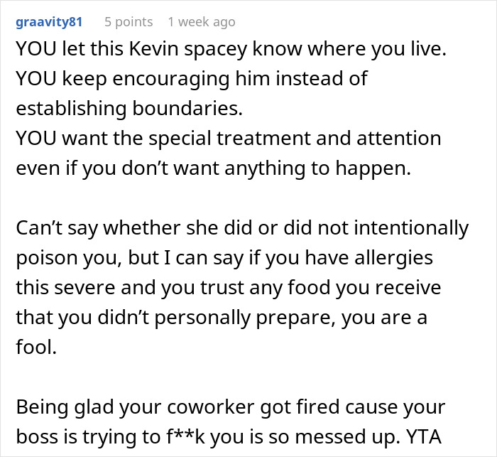 Comment discussing intern hospitalized after coworker brings cupcakes and pressures them to eat despite allergies.