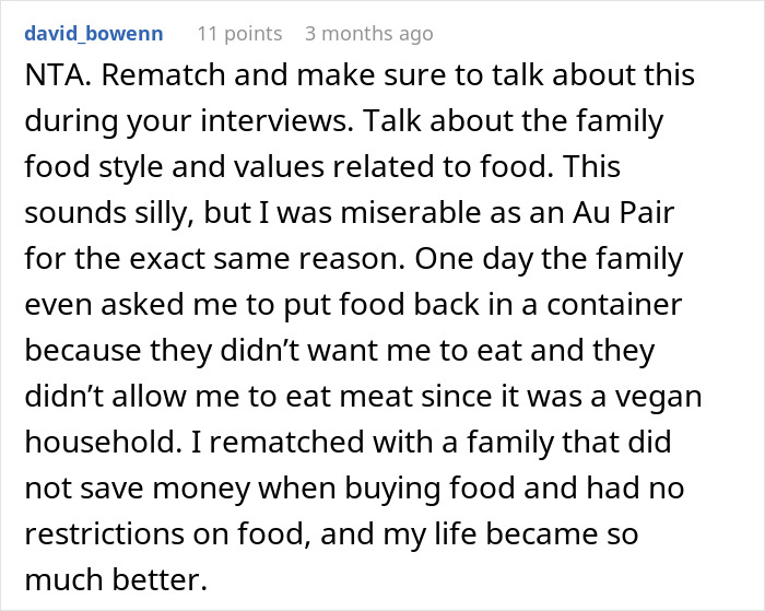 Comment about American family houses restricting food for 19-year-old nanny from abroad, sharing personal Au Pair experience.
