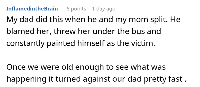 Screenshot of a Reddit comment about a dad lying about divorce reasons to win over his son, with the ex-wife revealing the truth.