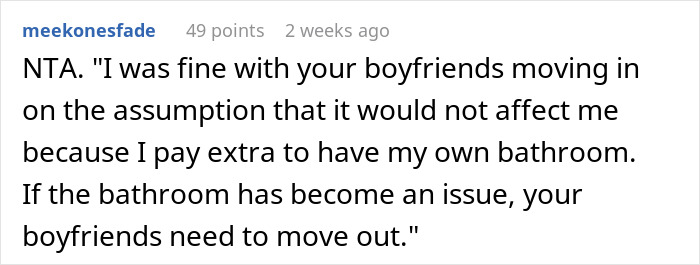 Screenshot of Reddit comment discussing a nonbinary person refusing roommates’ boyfriends use of private bathroom. Screenshot of Reddit comment discussing a nonbinary person refusing roommates’ boyfriends use of private bathroom.