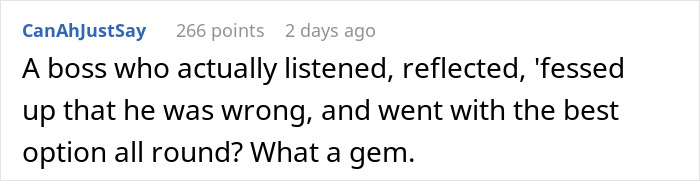 Comment praising a boss who reflected and admitted being wrong after trying to fix a non-issue by banning flexible hours. Comment praising a boss who reflected and admitted being wrong after trying to fix a non-issue by banning flexible hours.
