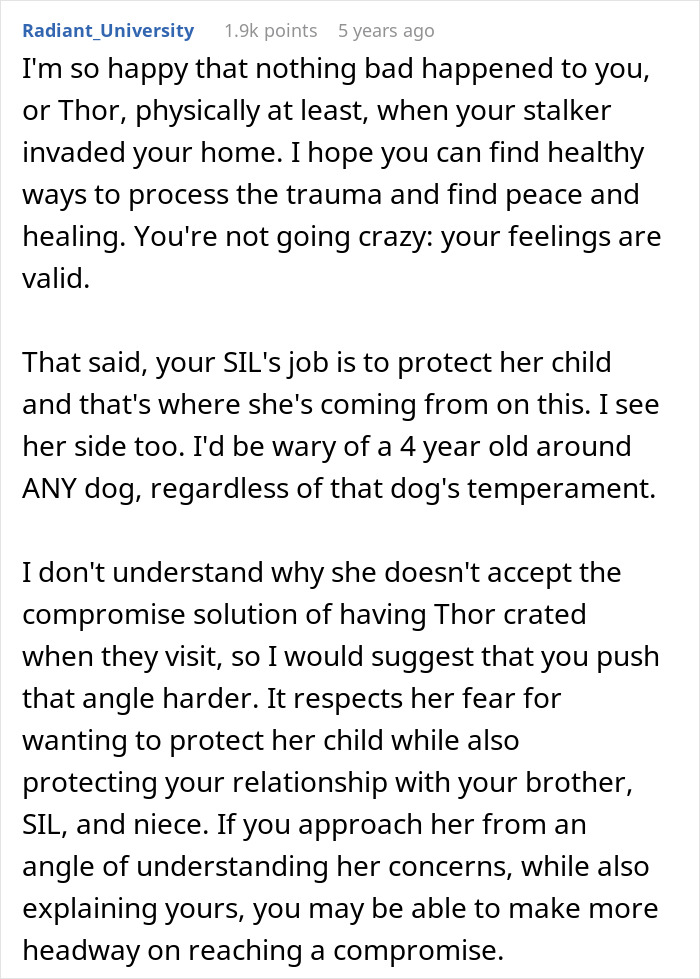 Comment discussing trauma processing after a stalker incident and concerns about dog safety around children. Comment discussing trauma processing after a stalker incident and concerns about dog safety around children.