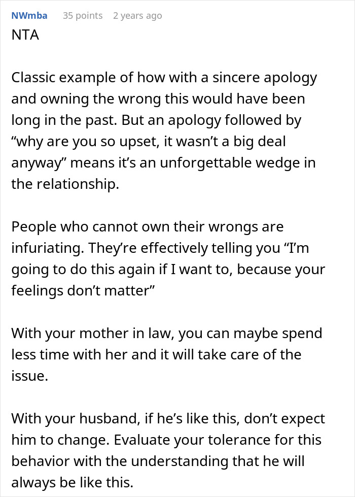 Comment discussing how an apology and owning wrongs affect relationships after MIL live streamed sleeping incident. Comment discussing how an apology and owning wrongs affect relationships after MIL live streamed sleeping incident.