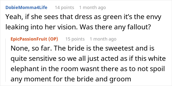 Screenshot of a Reddit conversation discussing the groom's brother's girlfriend wearing a sage green dress to a wedding.