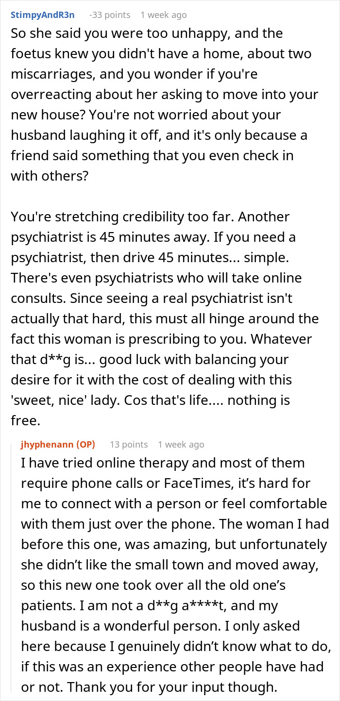 Online discussion about a woman baffled at psychiatrist’s unhinged request and challenges finding proper psychiatric help. Online discussion about a woman baffled at psychiatrist’s unhinged request and challenges finding proper psychiatric help.