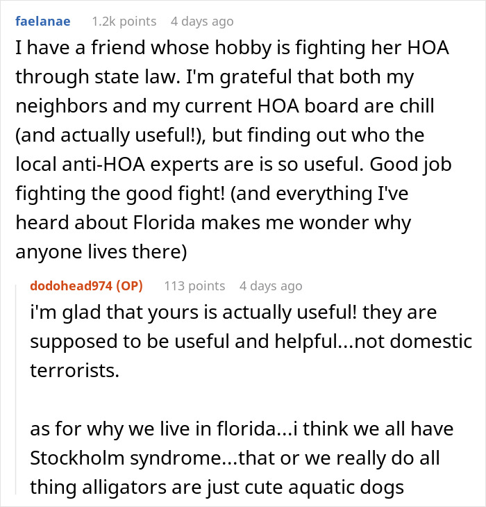 Reddit comments discussing fighting HOA disputes and frustrations with HOA boards and local laws.