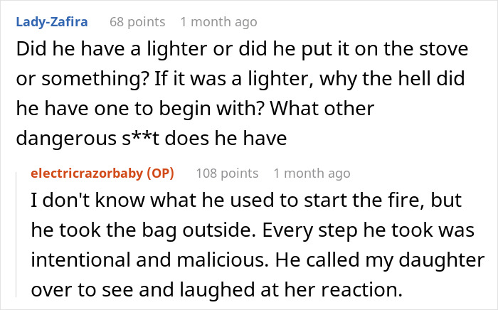 Screenshot of a social media conversation about a grieving son burning a kid&rsquo;s bag, with sister reacting strongly.