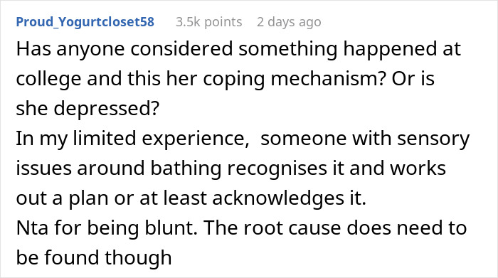 Reddit comment discussing a woman blaming sexism for not getting a job and receiving blunt advice from her sister.