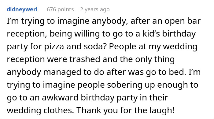 Alt text: Comment about family treating a wedding as a convenient time to celebrate other occasions like birthdays and parties.