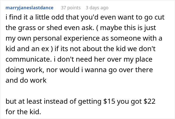 Screenshot of an online comment discussing a boyfriend mowing his ex’s lawn and the resulting relationship conflict. Screenshot of an online comment discussing a boyfriend mowing his ex’s lawn and the resulting relationship conflict.