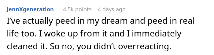 Comment discussing a man wetting the bed and not seeing it as a big deal, related to maturity and growth.