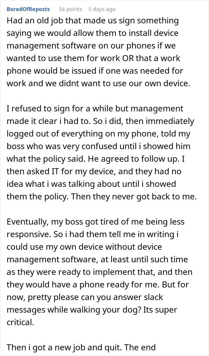 Text post sharing a story about manager bans on phones during work hours and a case of malicious compliance. Text post sharing a story about manager bans on phones during work hours and a case of malicious compliance.
