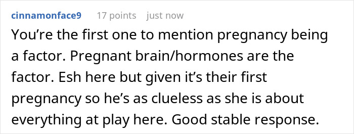 Comment discussing pregnancy hormones and insecurities affecting a couple's relationship during their first pregnancy.