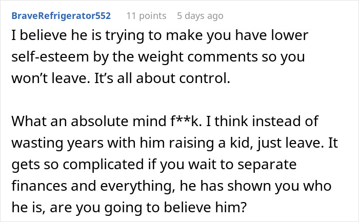Screenshot of a Reddit comment discussing control and changes in a husband since their wedding in a relationship context.