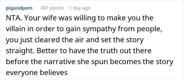 Reddit comment explaining a man clearing up misconceptions about divorcing his wife and revealing the truth to in-laws.