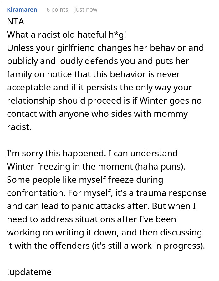 Screenshot of a comment discussing racist behavior by a mom during a tense family dinner involving Black parents.