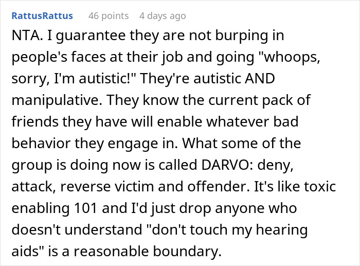 Comment discussing neurodivergent behavior and boundaries around hearing aids in a social conflict.
