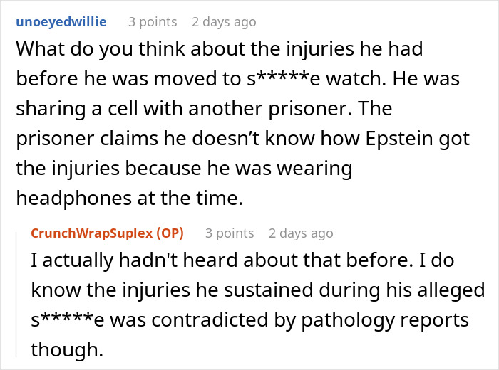 Reddit discussion about Epstein&rsquo;s injuries and skepticism from a prison officer's perspective on his death details.