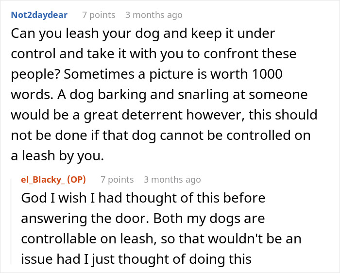 Comments discussing controlling dogs on leashes as deterrents when confronting people in tense situations.