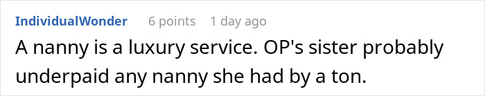 Comment text discussing how a nanny is a luxury service and likely underpaid, related to babysitters and wages.