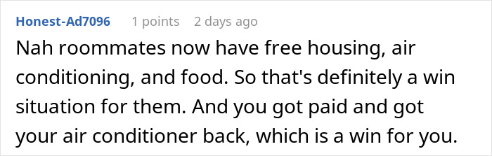 Text post on a social platform discussing roommates refusing to return air conditioning, linked to busted illegal activities.