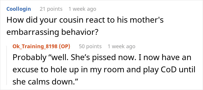 Reddit comment discussing a nephew&rsquo;s cousin&rsquo;s reaction to his mother&rsquo;s embarrassing behavior after he gets a job.