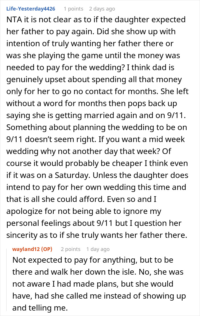 Commenters discuss a man spending 22,500 on daughter&rsquo;s failed wedding and skipping real one to hang out with pals.