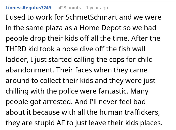 Comment describing parents leaving kid unattended in a store, leading to charges for damages and arrests for child abandonment.