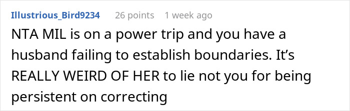 Screenshot of a Reddit comment about a woman correcting her mother-in-law over baby naming credit.
