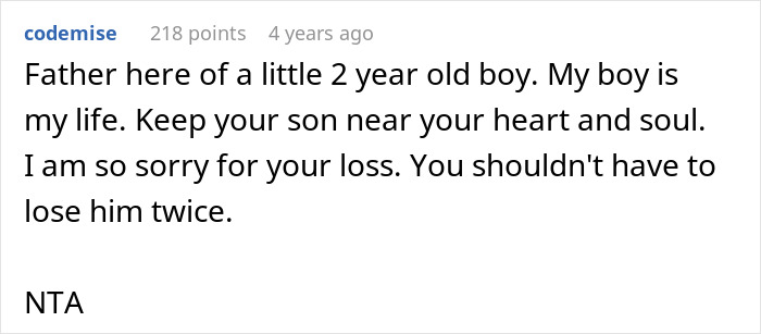 Screenshot of a Reddit comment about a father refusing to remove a tattoo of his late son&rsquo;s name despite his girlfriend&rsquo;s concerns.