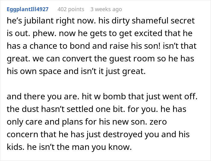 Comment discussing a husband hiding an affair for years as he plans a bedroom and a new mom for his secret son. Comment discussing a husband hiding an affair for years as he plans a bedroom and a new mom for his secret son.