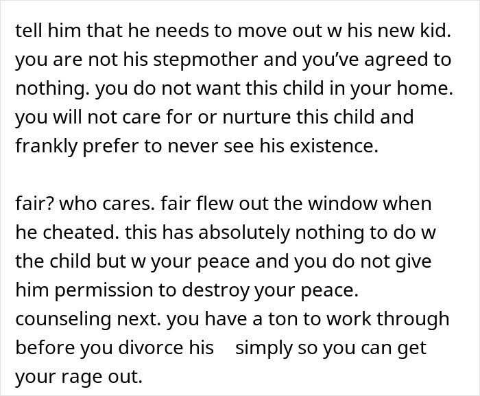 Text advice on dealing with a husband who hid an affair and a new child, focusing on boundaries and personal peace. Text advice on dealing with a husband who hid an affair and a new child, focusing on boundaries and personal peace.